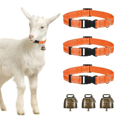 M METERXITY 3-Pack Reflective Goat Collars with Bells, 13.8"-20.5" Polyester Adjustable Pet Collar with Anti-Lost Grazing Copper Bell for Small Farm Animal/Sheep/Cow/Goat [Orange] - color: Orange