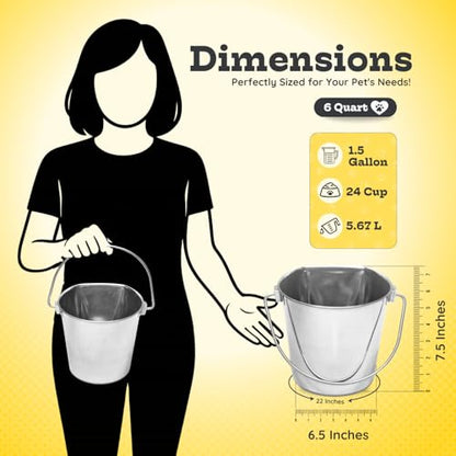6 Quart Stainless Steel Flat Side Bucket – 1.5 Gallon Heavy Duty Hanging Dog Water Buckets for Kennels & Cages – Flat Back Food & Water Feeding Pail for Livestock, Goats, Sheep & Horses - size: 6 Quarts