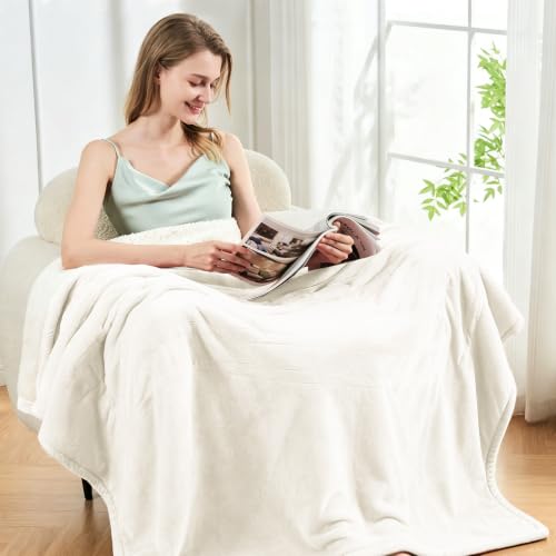 Electric Heated Blanket Throw 50"x60", 8 Heat leavls and 1-8H Auto Off | Fast Heating, Over-Heat Protection&ETL Certification, Soft Flannel Sherpa, Machine Washable, Suitable for Bed and Sofa - color: White, size: Throw-50" x 60"