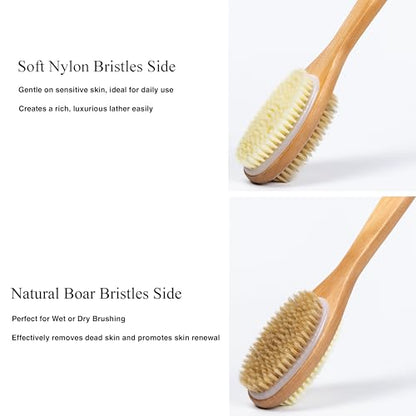MtBoi Dual-Sided Back Scrubber - Long Bamboo Handle Shower Brush with Anti-Slip Grip, Stiff Natural Boar Bristles for Deep Exfoliation & Soft Nylon Bristles for Gentle Care, Wet/Dry Brushing