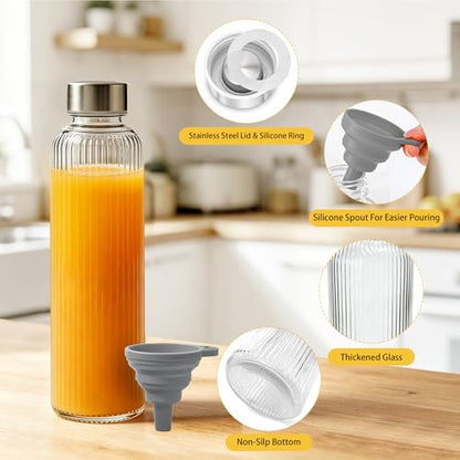 Ribbed Glass Water Bottles with Lids, 18 oz Reusable Juice Bottles with Stainless Steel Lid, 100% Leak Proof, BPA Free, Juicing Beverage Storage Containers for Refrigerator(Set of 6) - color: 6 PACK