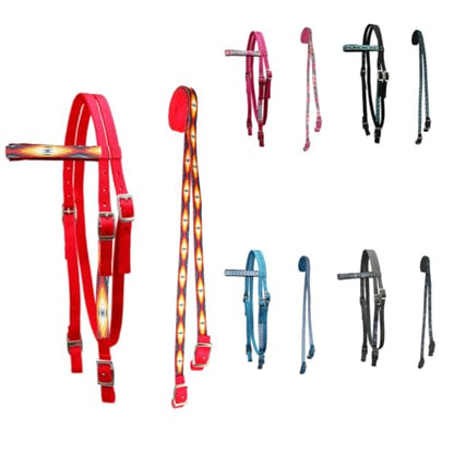 Tahoe Tack Overlay Printed Nylon Western Browband Headstall with Matching Split Reins 1 Year Warranty - color: Red Aztec, size: Mini