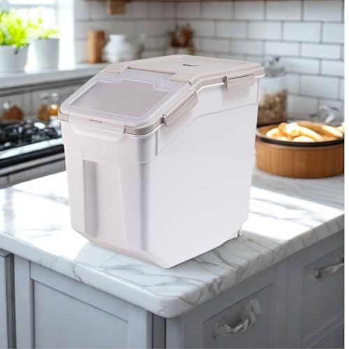 2 Pack Rice Storage Container 25 lbs, Airtight Flour Storage Containers with Lid and Wheels, Measuring Cup & Scoop, BPA Free, Bulk Food Dispenser for Sugar, Grain, Cereal, Dog Food (Grey) - color: 2Pcs 25LB Grey