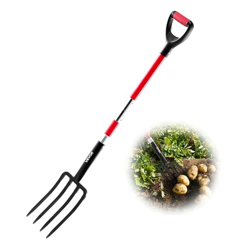 VEVOR Garden Fork, 4-Tine Gardening Pitchfork with Fiberglass Handle, 45 in Heavy Duty Digging Fork with Y Grip, Forged Steel Spading Fork for Hay Potato Composting Transplanting Aeration - size: 4-Tine, style: Fiberglass Handle & Steel Fork
