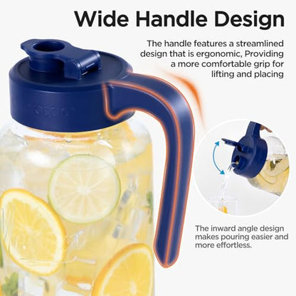 Mason Jar Pitcher, 64 oz (2 quart), Glass Pitcher with Lid | Airtight, Leak proof, Ergonomic Handle, Pour Spout Lid, Fridge Safe, for Sun Tea, Iced Tea, Cold Brew, Lemonade, Outside - color: Blue