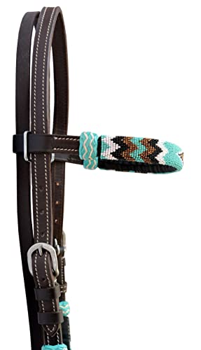 Western Horse Headstall Standard Size – Adjustable Hand Braided Genuine Leather Bridle with Rawhide Knotting, Stitched Accents & Multicolor Beads, Western Riding Tack, Light Brown
