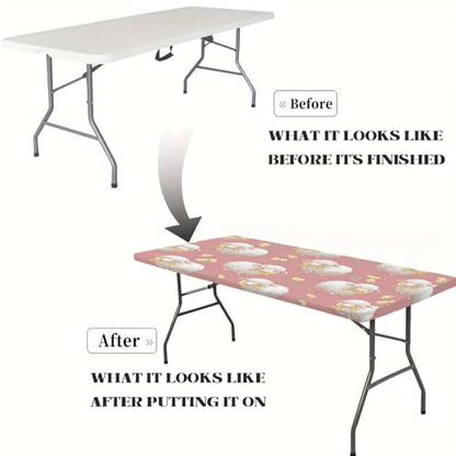 Rectangle Table Cloth,Pink Small Sheep Elastic Fitted Tablecloths 48x30 Inch,Waterproof Windproof Washable Polyester Table Cover for Picnic, Camping, Outdoor