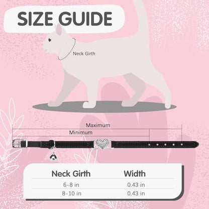 BINGPET Diamond Cat Collar with Bell, Adjustable Kitten Collar, Black - color: Black(Heart), size: Neck Girth 6"-8"