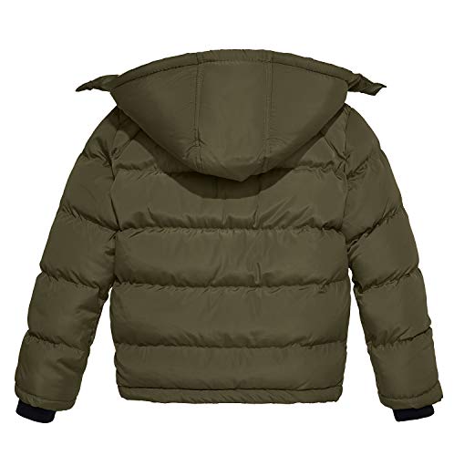 wantdo Boys Puffy Winter Coats Fleece-Lined Snow Jackets Removable Hood | Elastic Cuffs, Hook-and-Loop Collar, Windproof, Machine Washable - color: Army Green, size: 6-7