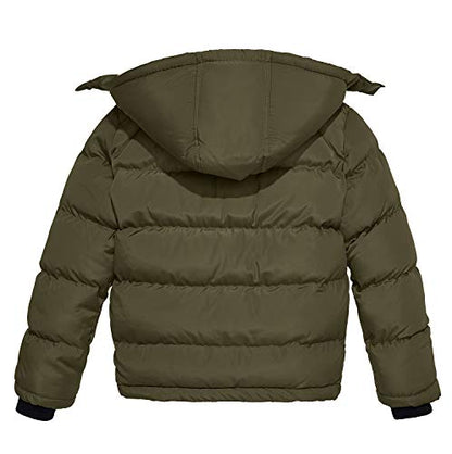wantdo Boys Puffy Winter Coats Fleece-Lined Snow Jackets Removable Hood | Elastic Cuffs, Hook-and-Loop Collar, Windproof, Machine Washable - color: Army Green, size: 8-9