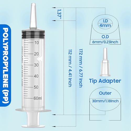 60ml/cc Syringes with Tube 40 Inch Handy Plastic Tubing and Adapter Tip - size: 60ML/CC