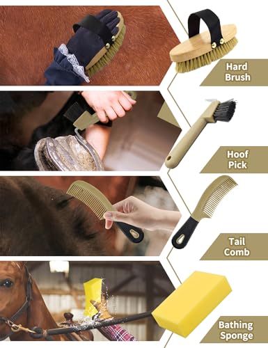 Professional 10 Pieces Horse Grooming Kit with Tote Bag, Horse Brush & Curry Comb Set for Effective Grooming and Bathing, Equine Coat Care Tack Room Supplies, Horse Gifts for Girls