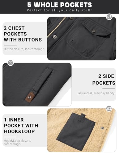 KEFITEVD Men's Winter Fleece Jacket Sherpa Lined Warm Cargo Trucker Coat - color: Dark Grey, size: Large