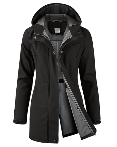 iCreek Women's Waterproof Softshell Rain Jacket Fleece Lined Hood Long Coat - color: Black, size: Large