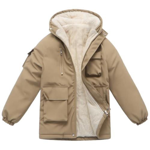 Kids Winter Fleece-Lined Coats For Boys Puffer Jackets With Hood - color: Khaki, size: 4-5T