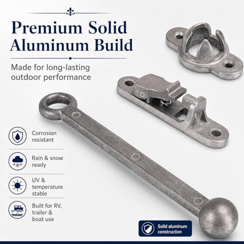 6 Inch Heavy Duty Aluminum RV Door Catch & Trailer Door Holder | Windproof rustproof ball socket replacement door latch firmly secures to keep open camper cargo trailer & shed doors