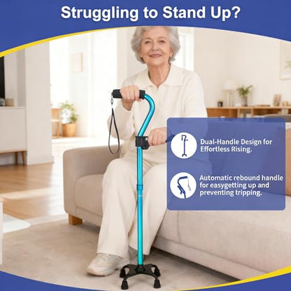 Stand Secure Cane with Stand Up Assist Handle for Elderly, 4 Prong Adjustable Walking Canes for Seniors Women and Men, Non-Slip Wide Base, Aluminum Foldable Stand Cane - color: Light Blue