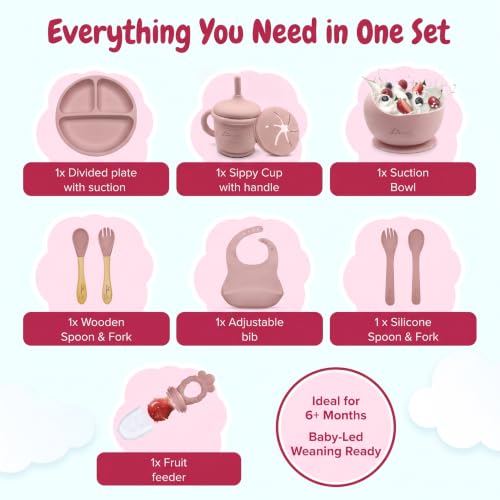 Silicone Baby Feeding Set, Suction Plates Bowls Bibs for Self Feeding –Pink | Baby Led Weaning Supplies, BPA-Free, Toddler Spoons Forks, Extra-Strong Suction, Empower Independence, Easy Clean - color: Pink