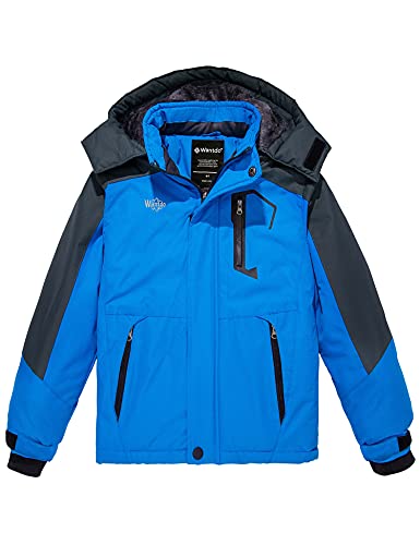 Wantdo Boy's Waterproof Ski Jacket Fleece Snowboarding Jackets Warm Thick Winter Coat Hooded Raincoats - color: Blue, size: 10-12
