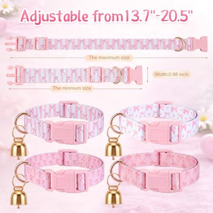 4 Pack Goat Collars with Bells Set, Adjustable Pink Bow Pattern Nylon Sheep Collar, Loud Metal Grazing Bell, Quick Release Buckle for Lambs, Small Farm Animals, Herd ID, Pasture Tracking - style: Pink Bow