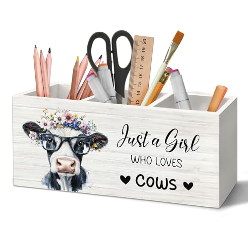 Cow Inspirational Pen Holder Organizer for Desk Accessories, Just a Girl Who Loves Cows Farmhouse Wooden Box Sign Desk Decorations for Home Classroom Dorm Office Tabletop Decor - color: Cow-9, size: 2.5"D x 7.8"W x 3.5"H
