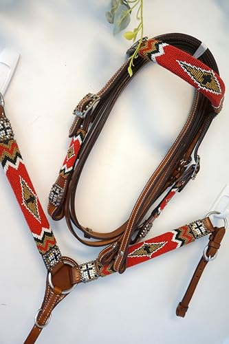 Pony Leather Headstall and Breast Collar Set Color Beaded with Gold & Black Beaded Overlay and Cross - color: Red