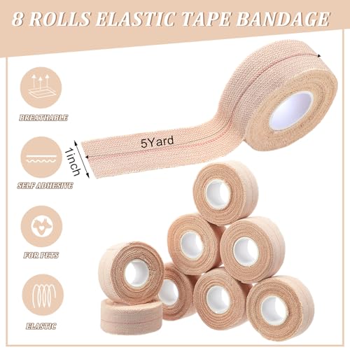 Tondiamo 8 Rolls Elastic Tape Adhesive Elastic Tape Self Adhesive Bandages Wrap Flexible Stretch Bandages Athletic Sports Skin Strips for Sports Ankle, Knee and Wrist Animal Pets(1 Inch X 5 Yard) - size: 1 Inch X 5 Yard