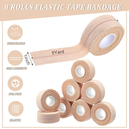 Tondiamo 8 Rolls Elastic Tape Adhesive Elastic Tape Self Adhesive Bandages Wrap Flexible Stretch Bandages Athletic Sports Skin Strips for Sports Ankle, Knee and Wrist Animal Pets(1 Inch X 5 Yard) - size: 1 Inch X 5 Yard