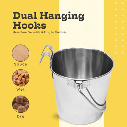 1 quart Stainless Steel Flat Sided Bucket with Dual Hooks | 0.25 gal Durable Food & Water Bowl for Dog Cat Bird & Small Animals | Fits kennel Cage Critter Crate | Hanging Utility Pet Pail - size: 1 Quart