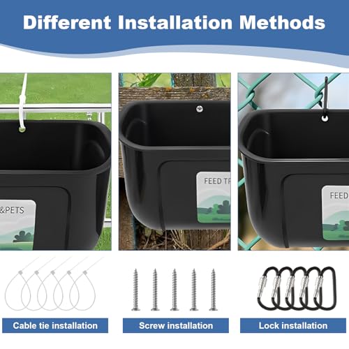 YAYODS 6 Pack Goat Feeders Hanging 3.5 Quart Chicken Feeder Waterer Trough, Goat Mineral Feeder Fence Feeder for Livestock Poultry, Duck, Black