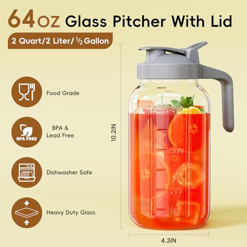 JunVpic Glass Pitcher with lid, 64 oz Wide Mouth Mason Jar - color: Gray, size: 64 Ounces