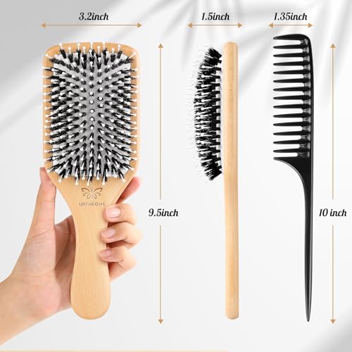 URTHEONE Hair Brush,Boar Bristle Hair Brushes and Styling Comb Set for Women Men Kids, Best Natural Wooden Paddle Hairbrush for Wet or Dry Hair Detangling Smoothing Massaging - color: White