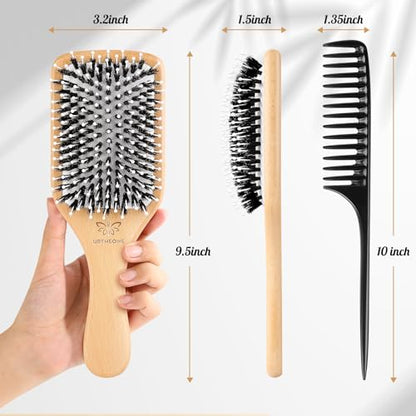 URTHEONE Hair Brush,Boar Bristle Hair Brushes and Styling Comb Set for Women Men Kids, Best Natural Wooden Paddle Hairbrush for Wet or Dry Hair Detangling Smoothing Massaging - color: White
