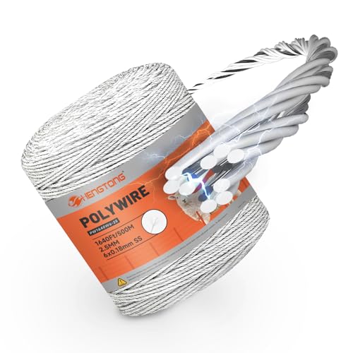 Electric Fence Polywire 1640ft (500m), 6-Strand Stainless Steel Conductors, Rust & UV Resistant, Portable Electric Fencing, High Conductivity, White | 6-strand stainless steel conductors, rust & UV resistant, portable fencing with durable reliable conduct