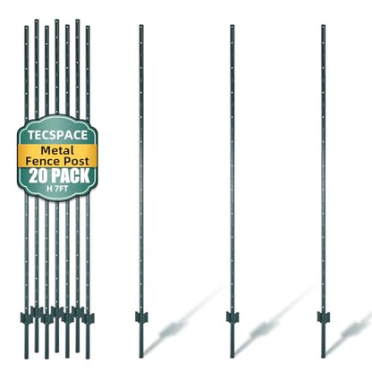 TECSPACE Metal Fence Post, 7 ft Heavy Duty U-Post with Anchor Plate and Adjustable Tabs, Rust-Proof Steel Stakes for Garden, Farm, Lawn, 20 Pack (7 FT 20PCS) - size: 7 FT 20PCS