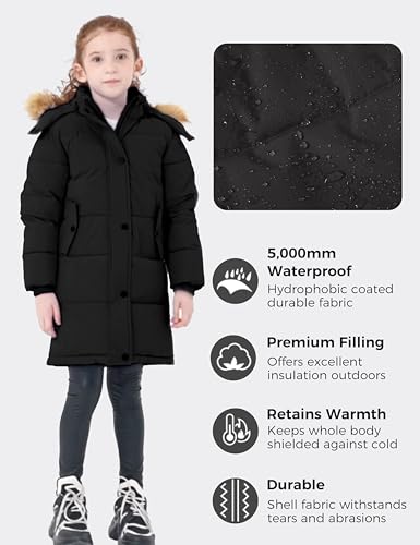 wantdo Girls' Waterproof Winter Coat Long Puffer Jacket Warm Parka Hooded - color: Black, size: 8