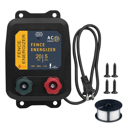 Electric Fence Energizer with Wire 5 Miles/ 20 Acres AC Powered 120 Volt, Plug-in Electric Fence Charger Output 1.2 Joule for Preventing Raccoons, Livestock, Squirrels - style: 5-Mile/ 20 Acres with Wire