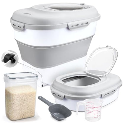 Komzon Rice Storage Bin Cereal Containers, 13-50lb Collapsible Rice Container Dispenser with Transparent Lid, Rolling Wheels, Measuring Cup and Scoop, Airtight Dog Cat Pet Food Storage Container White - color: White
