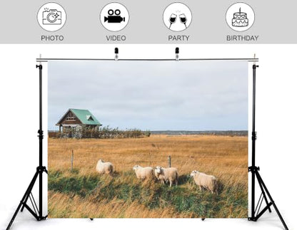 6x4ft Fabric Rural Grassland Sheep Backdrop Four Fluffy Wool Lamb Dark Wooden Cabin Overcast Sky Photography Background Tapestry Party Farm Country Decorations Photo Booth Props - size: 6x4ft