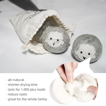 Wool Dryer Balls, XL Pack of 6, Reusable Natural Fabric Softener - Gray | Handmade, cruelty-free, 100% NZ wool, cuts drying time, anti-static, unscented, baby-safe, 1000+ loads,with storage bag