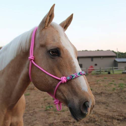 Tahoe Tack Copper Tip® Series Braided Rope Horse Halter with Navajo Beaded Noseband, Cowboy Knots, 10 Ft Lead - color: Black/Turquoise