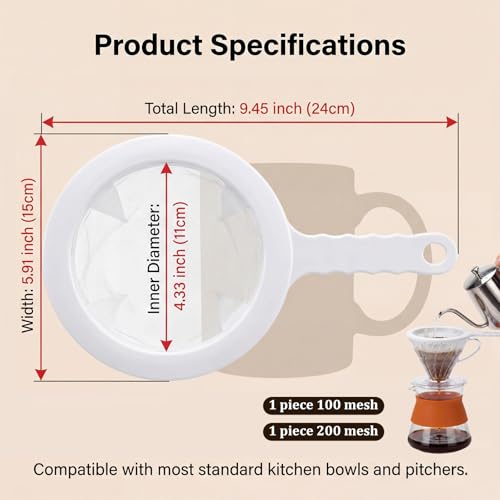 2 Pcs Fine Nylon Mesh Strainer, 100+200 Mesh Ultra Mesh Sieve Mini Kitchen Colander Food Yogurt Mesh Sieve for Filtering Yogurt Juice Milk Honey Coffee Flour