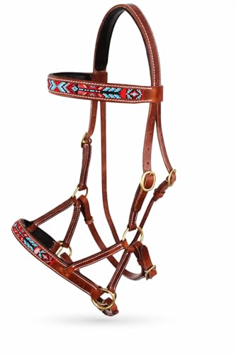 Horse Brown Leather Beaded Bitless Padded Sidepull Bridle w/ Reins 77RS17 - color: Tan/Beaded