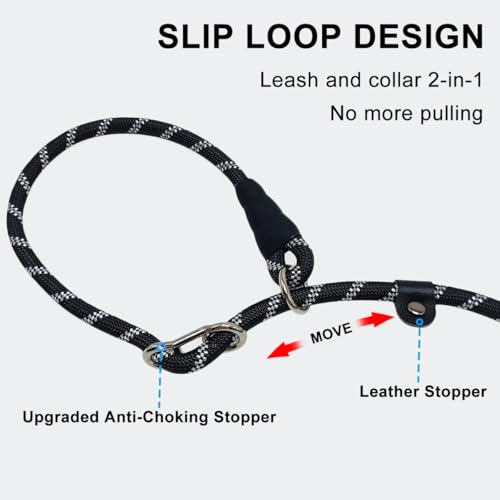 12FT 20FT Anti-Choking Long Training Lead, Reflective 3/8" Slip Lead Rope Dog Leash with Padded Handle, No Pull Leash for Medium Large Dogs (20ft, Black) - color: Black, size: 3/8in x 20ft