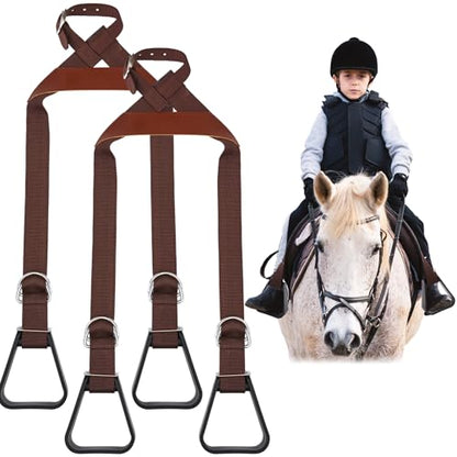 Simgoing Kids Western Stirrups Adjustable Nylon Straps Equestrian Safety Stirrups for Youth Riding Accessories, Height Below 140 cm - color: Brown