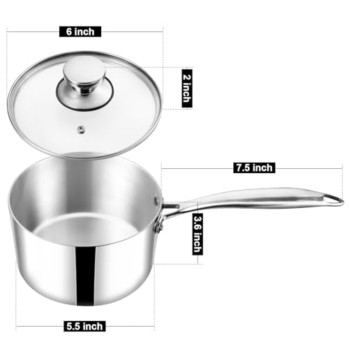 TeamFar 1qt Saucepan with Lid, Stainless Steel Tri-Ply Sauce Milk Pan - size: 1QT