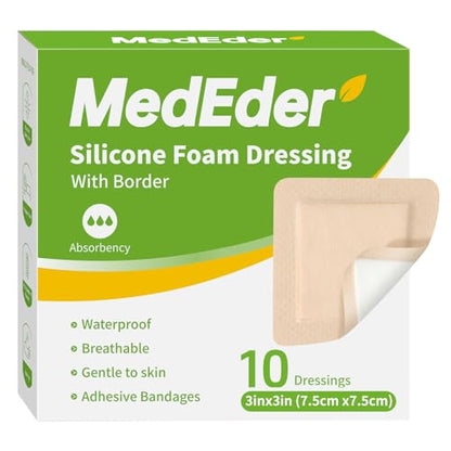 Silicone Foam Dressing 3x3 with Adhesive Border Waterproof 10 Pack - size: 3" x 3"(10 PCS)