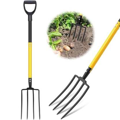 Pitch Fork, 4 Tine Heavy Duty Garden Fork Ergonomic Handle for Gardening