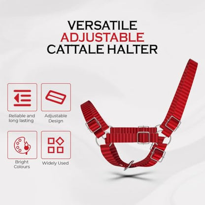 HADZAM Adjustable Nylon Cow Halter | Calf Halter one Halter for (1 Year to Full Size) Easy Adjustable Straps elimates the Need of Ill-Fitting Cattle Halter - color: RED