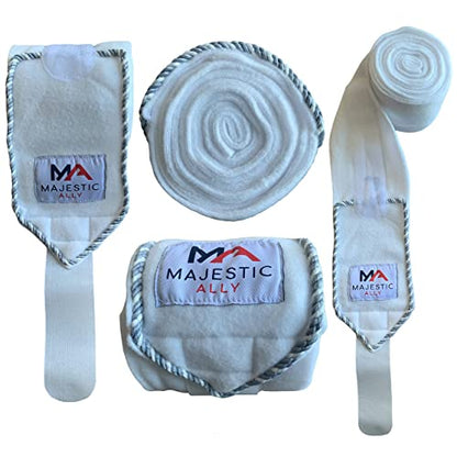 Majestic Ally Fleece Polo Leg Wraps with Braided Rope for Horses - Set of 4-10 Foot Long and 5 Inch Wide (White) - color: White
